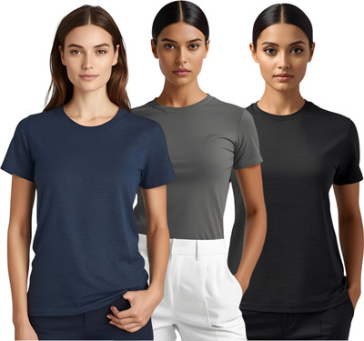 SHARXTRENDS Solid Women Round Neck Black, Navy Blue, Silver T-Shirt