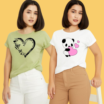 Kintu Parantu Printed Women Round Neck Green, White T-Shirt