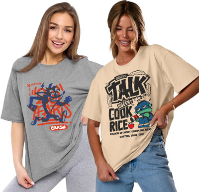 Leotude Printed, Typography Women Round Neck Multicolor T-Shirt