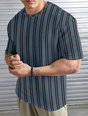 BELPATRA Striped, Self Design Men Round Neck Grey T-Shirt