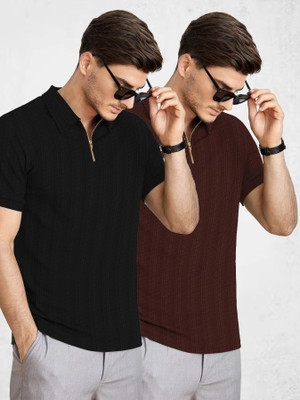 COMBRAIDED Self Design Men Polo Neck Brown, Black T-Shirt