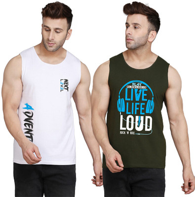 SLOWLORIS Printed, Colorblock Men Round Neck Dark Green, White T-Shirt