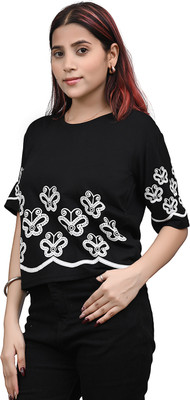 Yunic29 Casual Printed Women Black Top
