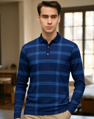 Autna Checkered Men Polo Neck Navy Blue T-Shirt
