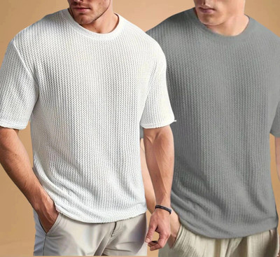 AAITHAN Self Design Men Round Neck White, Grey T-Shirt