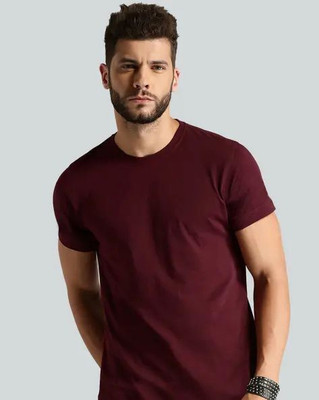 soulwoven Solid Men Round Neck Maroon T-Shirt