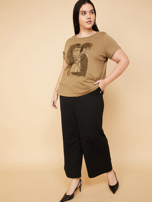 MAX Printed Women Round Neck Brown T-Shirt