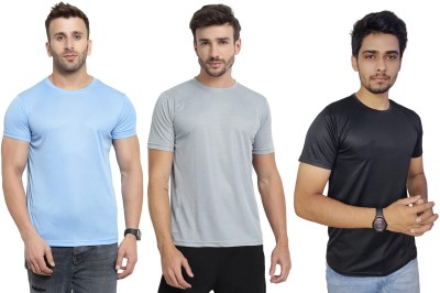 ManGOD Solid Men Round Neck Blue, Black, Grey T-Shirt