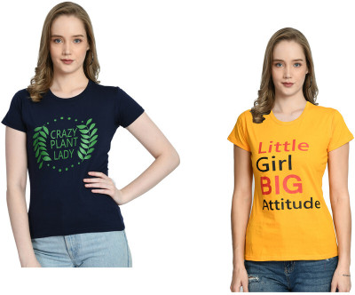 IndiWeaves Printed Women Round Neck Navy Blue, Beige T-Shirt