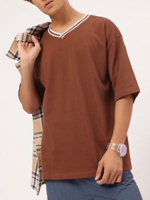 Kook N Keech Solid Men V Neck Brown T-Shirt