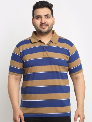 PLUSS Striped Men Polo Neck Brown, White, Dark Blue T-Shirt