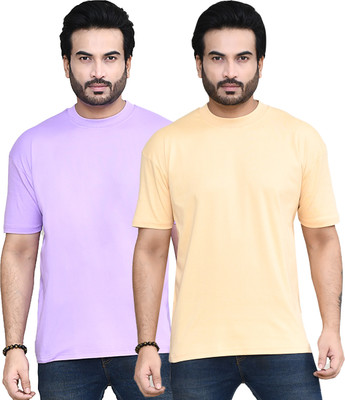 altius Solid Men Round Neck Purple, Beige T-Shirt