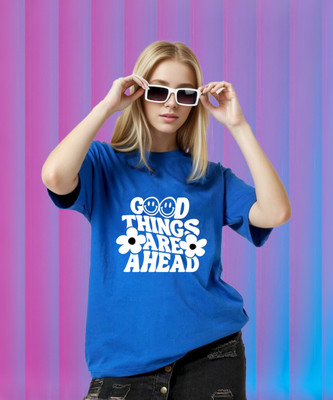 SLENOR Printed, Typography Women Round Neck Blue T-Shirt