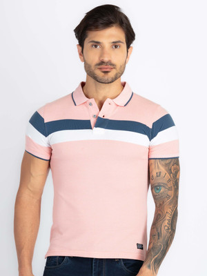 Status Quo Striped Men Polo Neck Pink T-Shirt