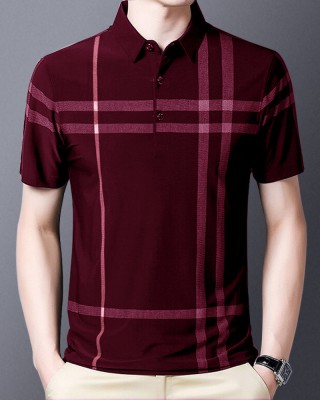 EyeBogler Checkered Men Polo Neck Red T-Shirt