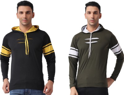 XECTUS Solid Men Hooded Neck Green, Black T-Shirt