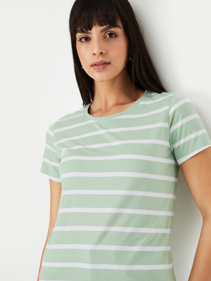 MAX Striped Women Round Neck Green T-Shirt