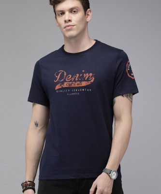 Roadster Printed Men Round Neck Dark Blue T-Shirt