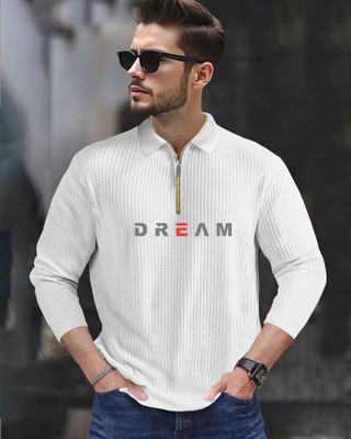 FastColors Self Design, Printed Men Polo Neck White T-Shirt