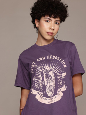 Roadster Printed Women Round Neck Purple T-Shirt