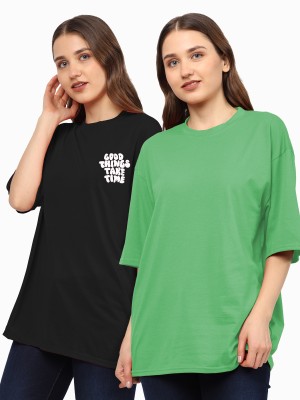 TQH Typography Women Round Neck Light Green, Black T-Shirt