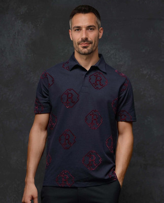 RARE RABBIT Printed Men Polo Neck Dark Blue T-Shirt