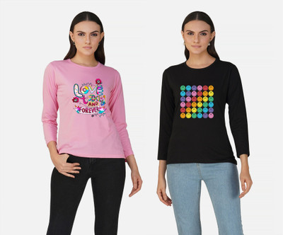 CHOZI Printed Women Round Neck Pink, Black T-Shirt