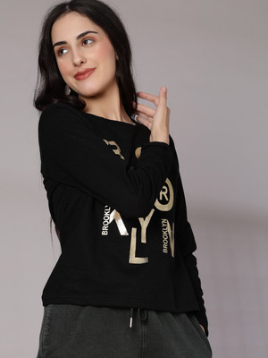 V-MART Printed Women Round Neck Black T-Shirt