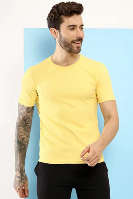 Wanglet Solid Men Round Neck Yellow T-Shirt