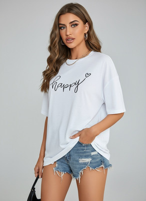 SZN Typography Women Round Neck Reversible White T-Shirt