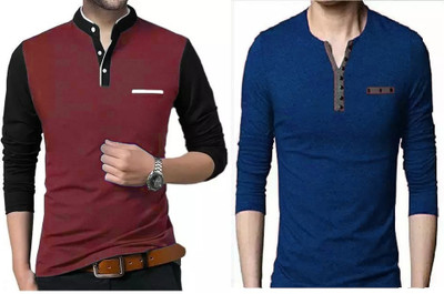 PSDESIGN Colorblock, Solid Men Mandarin Collar Maroon, Blue T-Shirt