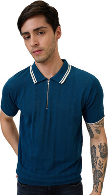 Spykar Solid Men Polo Neck Blue T-Shirt