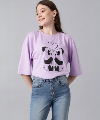 KOTTY Printed Women Round Neck Purple T-Shirt