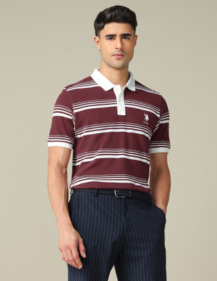 U.S. POLO ASSN. Striped Men Polo Neck Maroon T-Shirt