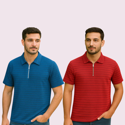METRONAUT Striped Men Polo Neck Blue, Red T-Shirt