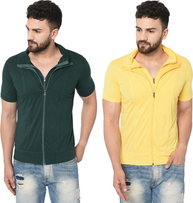 JB Jangoboy Solid Men Polo Neck Dark Green, Yellow T-Shirt