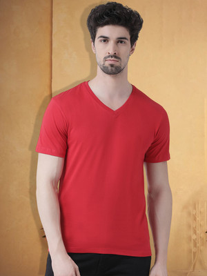 FRISKERS Solid Men V Neck Red T-Shirt