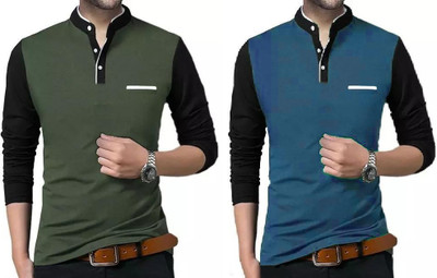Vescor Design Solid Men Mandarin Collar Dark Green, Blue T-Shirt