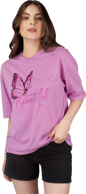 PUBCLUB Printed Women Round Neck Purple T-Shirt