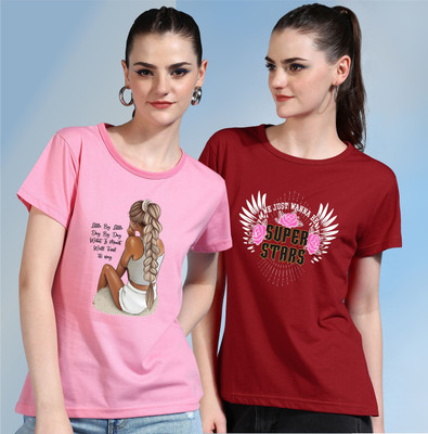 METRONAUT Printed Women Round Neck Pink, Red T-Shirt