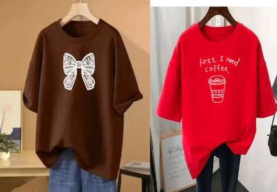 RAPTUROUS Printed Women Round Neck Brown, Red T-Shirt