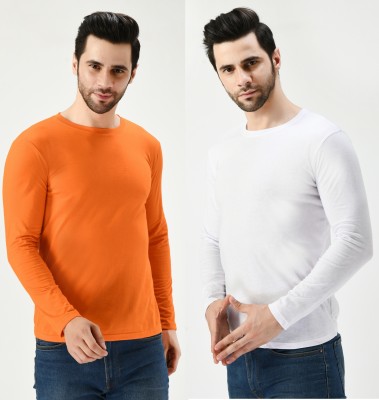 Nael Fashion Solid Men Round Neck Orange, White T-Shirt