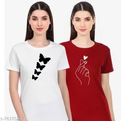 Datalact Printed Women Round Neck White, Maroon T-Shirt