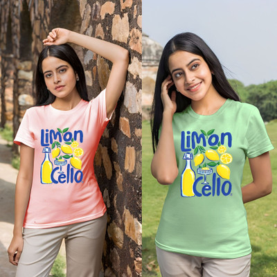 Lecowar Graphic Print Women Round Neck Pink, Green T-Shirt