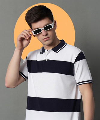 GETGOLF Striped Men Polo Neck White T-Shirt