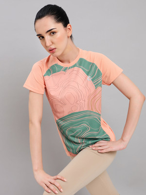 TECHNOSPORT Printed Women Crew Neck Orange T-Shirt