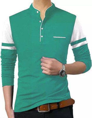 vescor Colorblock Men Mandarin Collar Light Green T-Shirt