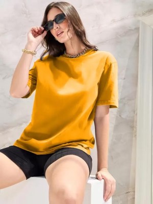 Wanglet Solid Women Round Neck Yellow T-Shirt