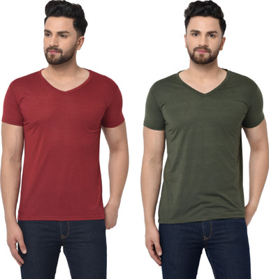 Tresna Trending Solid Men V Neck Dark Green, Maroon T-Shirt