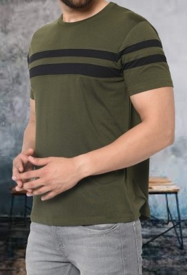 BLACKSTUDDS Striped Men Round Neck Dark Green, Black T-Shirt